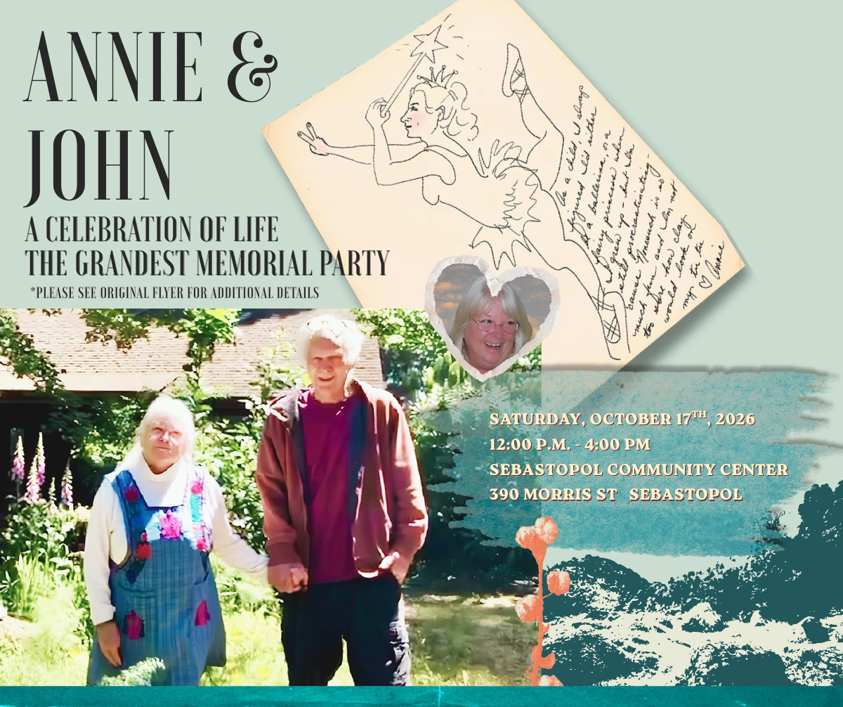 Celebration-of-life invitation for Annie and John Roberts, with photographs of the couple and Annie’s drawing. Saturday, October 17, 2026, noon–4 p.m., Sebastopol Community Center.